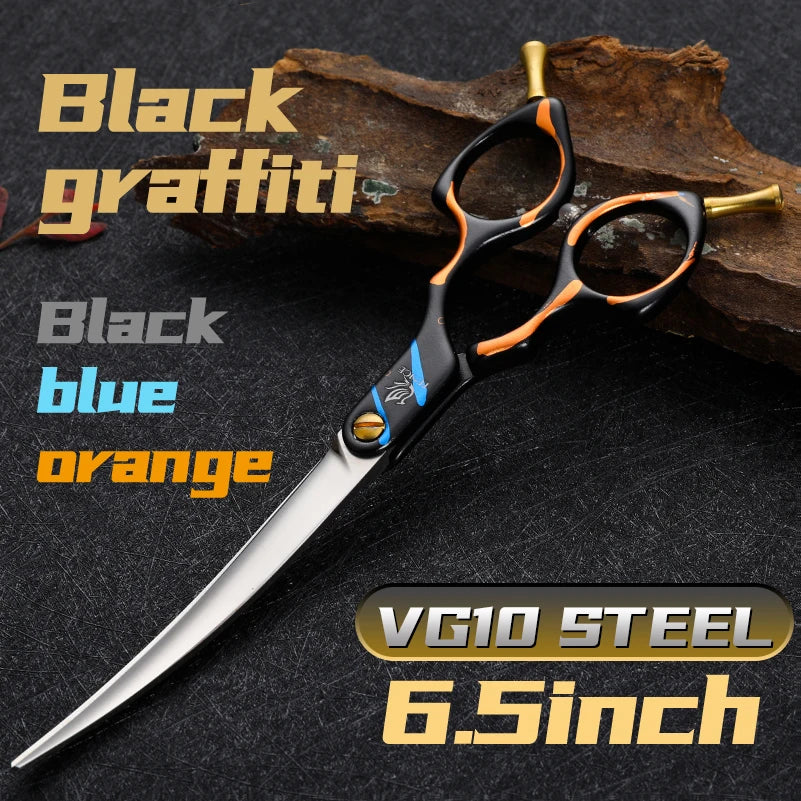 Fenice Professional curved grooming scissors, VG10 steel, 6.5-inch, black and orange handles for dogs and cats