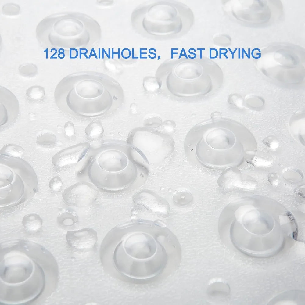 Non-slip bath mat, clear, 27.6x15 inches with suction cups and drain holes, machine washable.