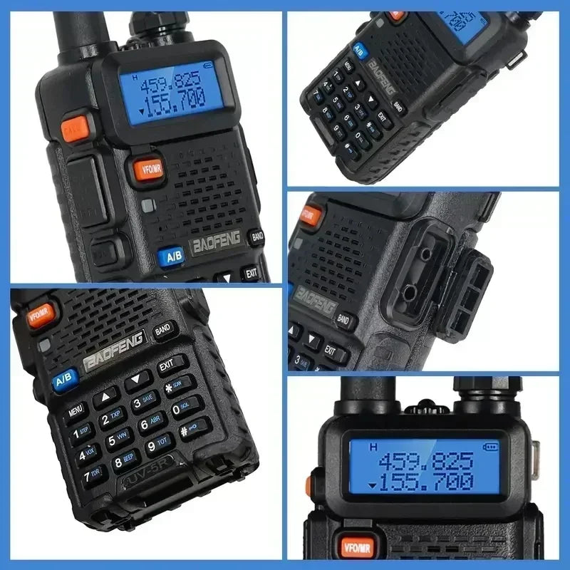 4-pack Baofeng UV-5R 5W tri-power dual-band handheld radios by S And B Enterprise, black units with blue LCD displays.