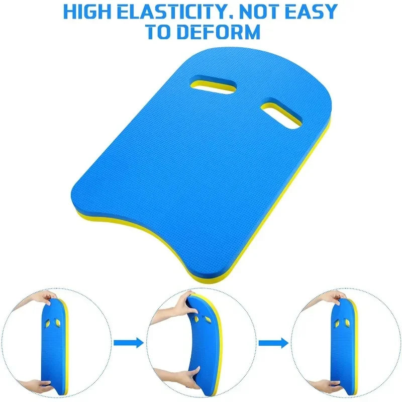 Kickboard swimming training board, blue EVA foam with yellow edge, S And B Enterprise.