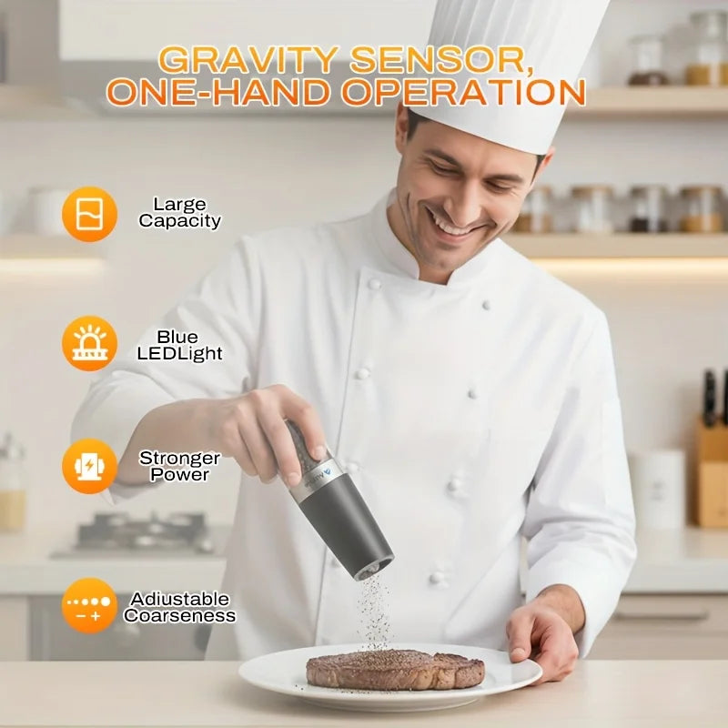 2pcs Gravity-sensing Electric Salt And Pepper Grinder Set, Battery-powered LED Light, One-hand Operation, Local Fast Delivery, Adjustable Coarseness Grinder, Black Kitchen Gadget, Salt And Pepper Grinder Electric 2pcs, Birthd by S And B Enterprise