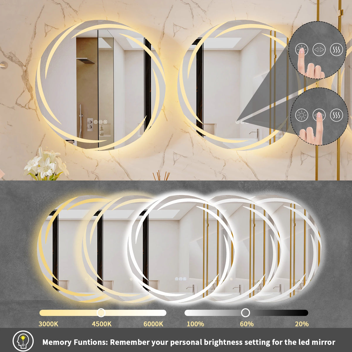 Pair of anti-fog LED circular mirrors by S And B Enterprise, backlit, shatterproof, wall-mounted, 3 color temps