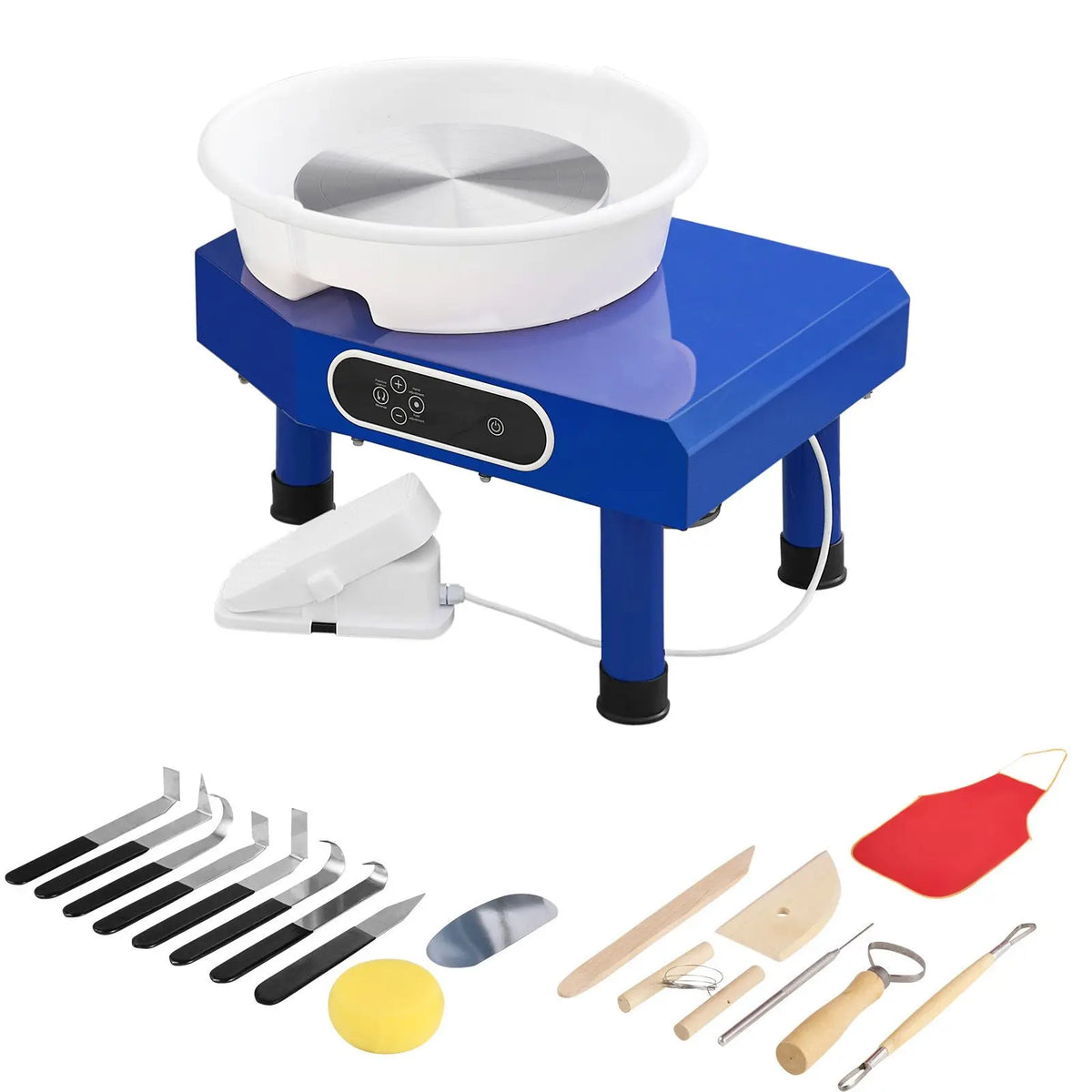 Pottery wheel by S And B Enterprise; blue base, white detachable basin, foot pedal, and assorted sculpting tools