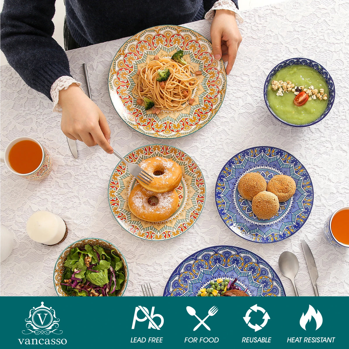 Vancasso ceramic dinnerware set with Bohemian mandala patterns; colorful dinner plates, dessert plates and bowls.