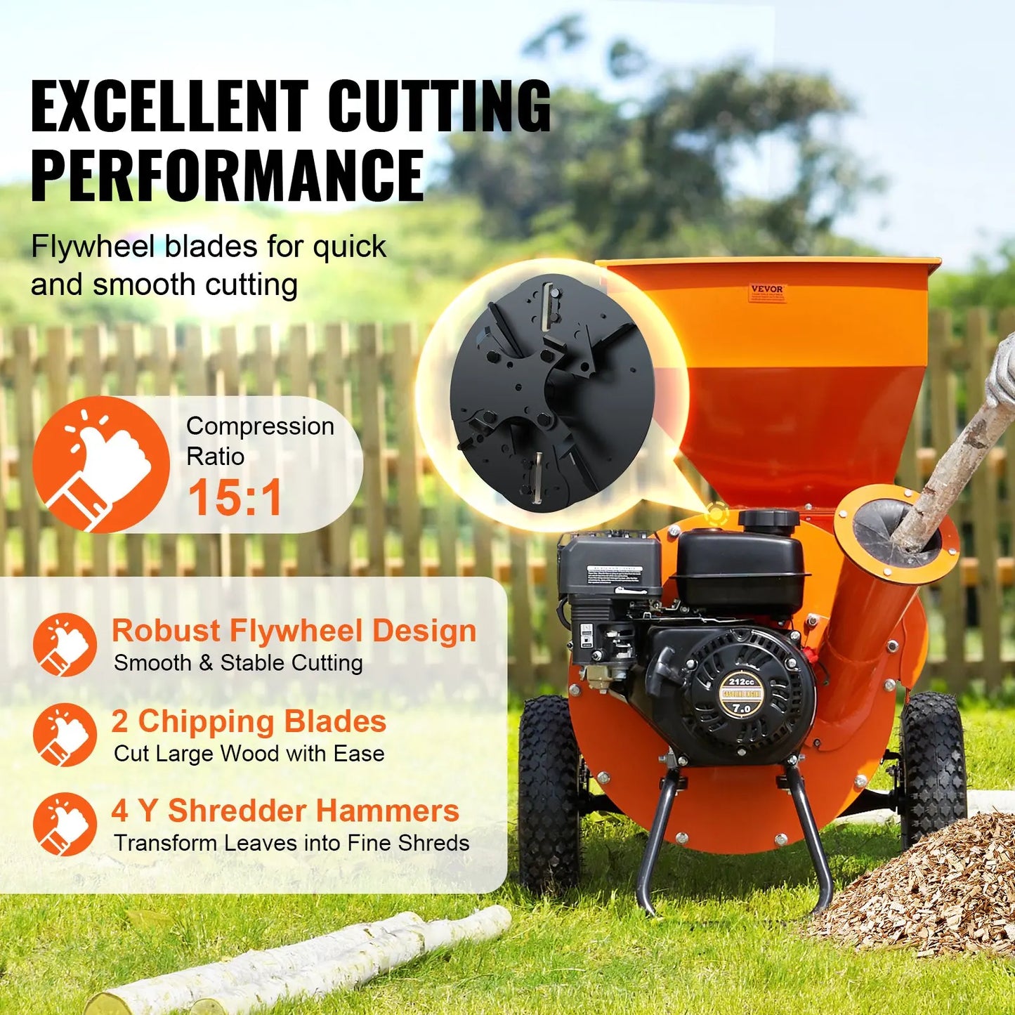 Wood Chipper Shredder Mulcher 7HP Gas Powered 212cc