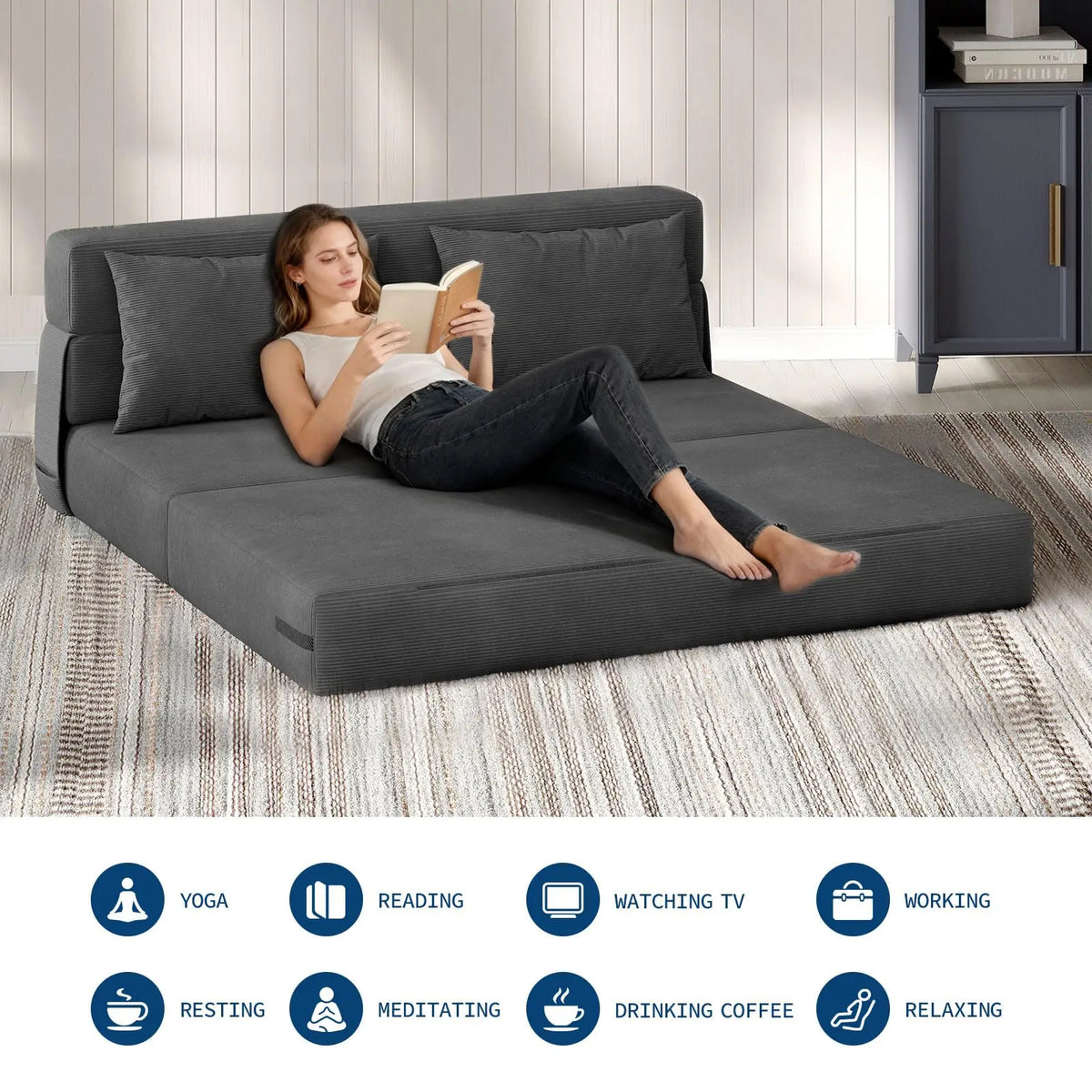 4-in-1 folding sofa bed by S And B Enterprise in dark gray corduroy with back cushions