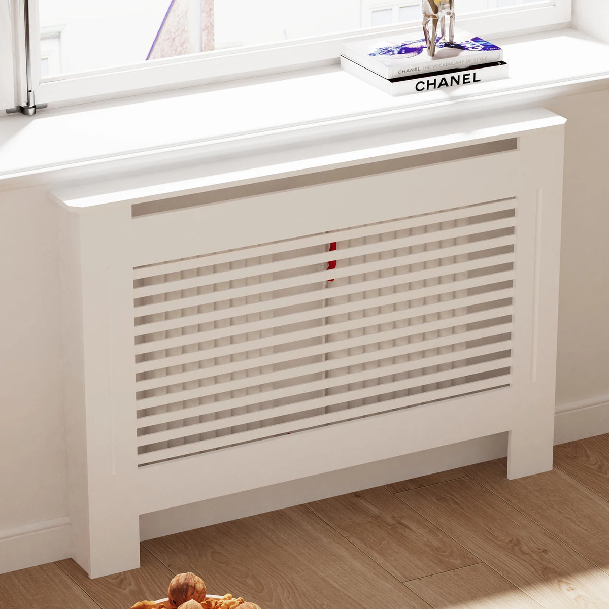 Radiator cover by S And B Enterprise; white MDF with horizontal slat grille and top shelf, 36.2 inches tall.