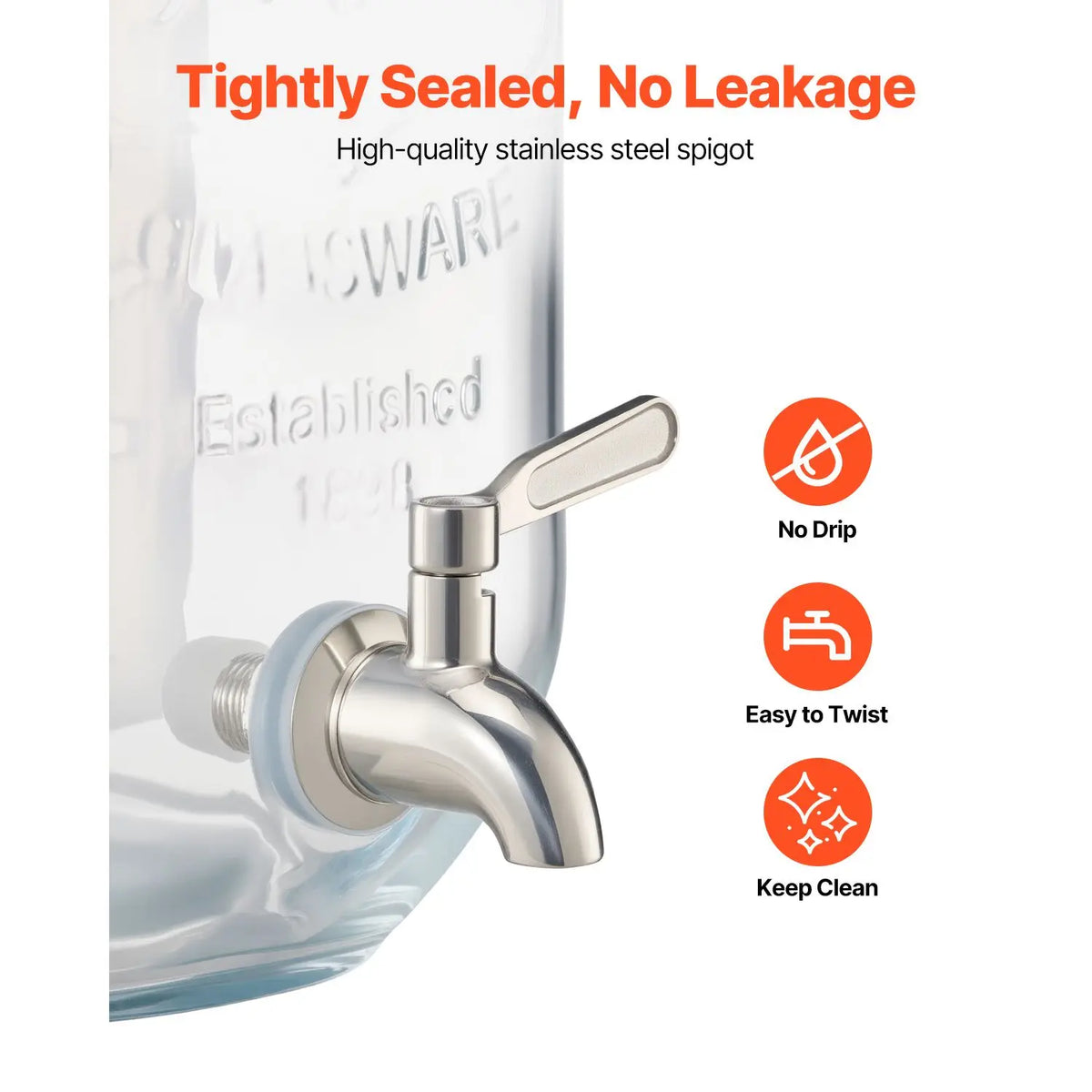 Glass beverage dispenser with stainless steel spigot; close-up faucet detail