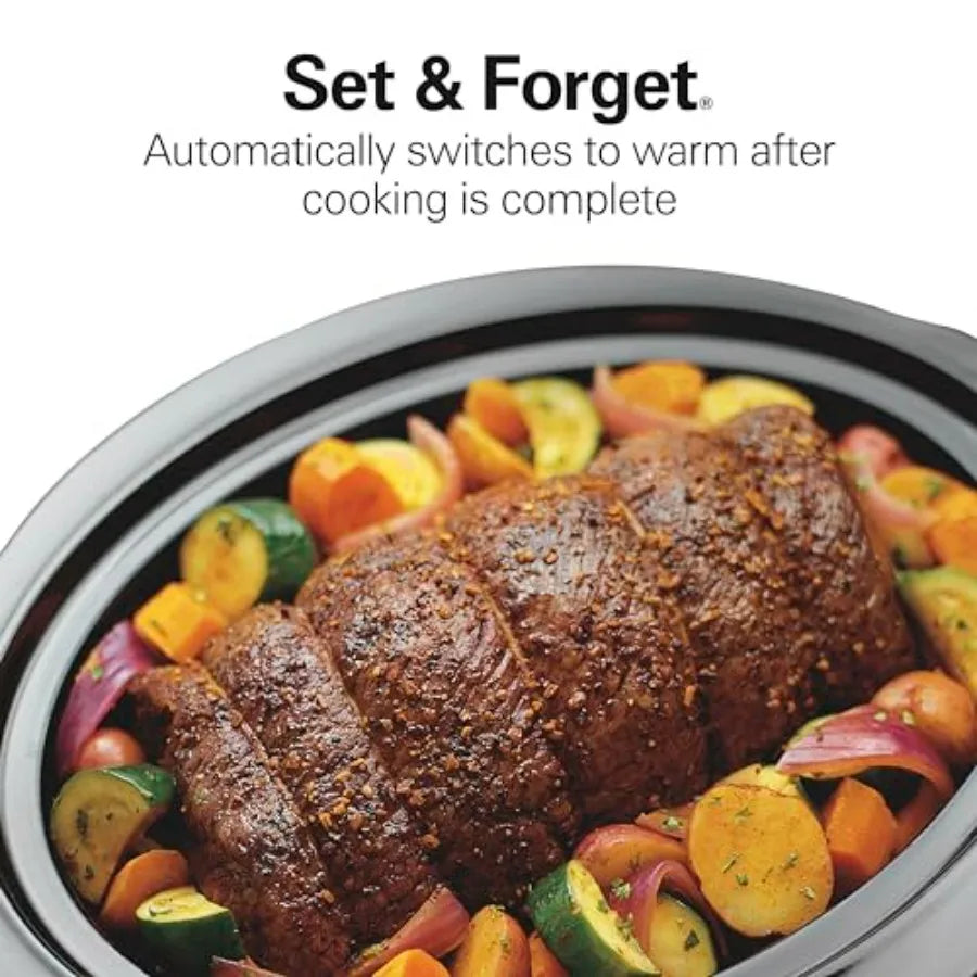 Set & Forget 7-qt programmable slow cooker with beef roast and colorful vegetables