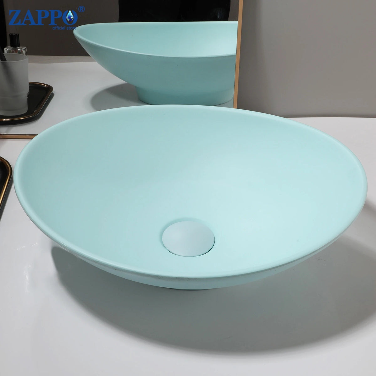 ZAPPO round turquoise vessel sink made of stone resin with drain, above-counter basin