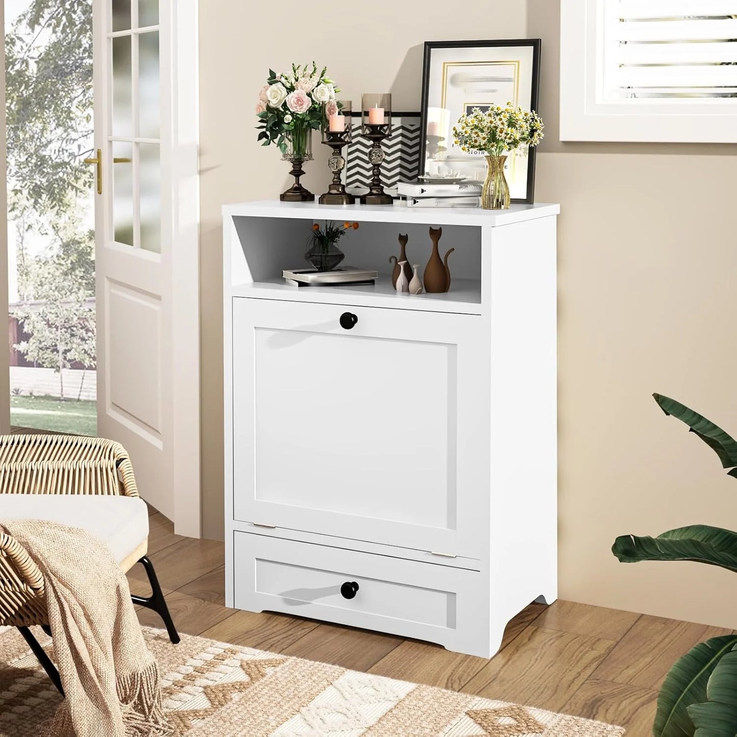 Wooden Dog Feeding Station With Elevated Bowls And Storage Cabinet