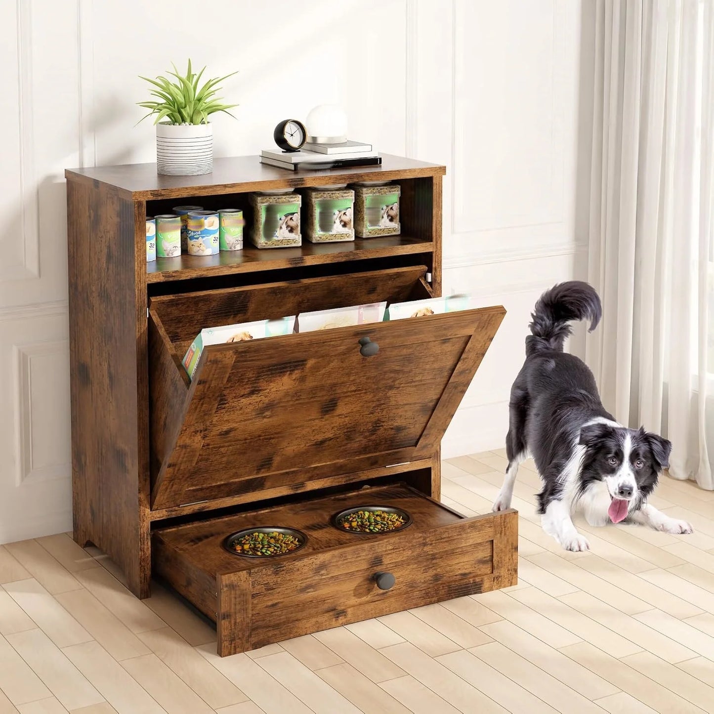 Wooden Dog Feeding Station With Elevated Bowls And Storage Cabinet
