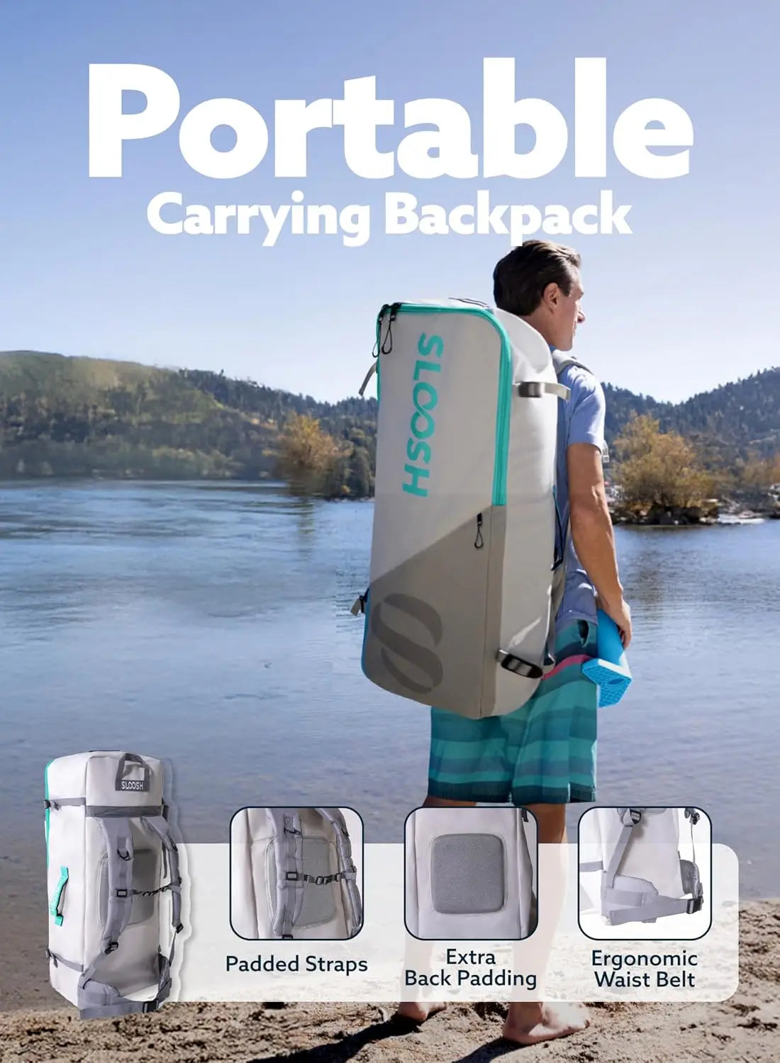 Inflatable stand up paddle board by S And B Enterprise with teal accents and non-slip EVA deck, shown with accessories.
