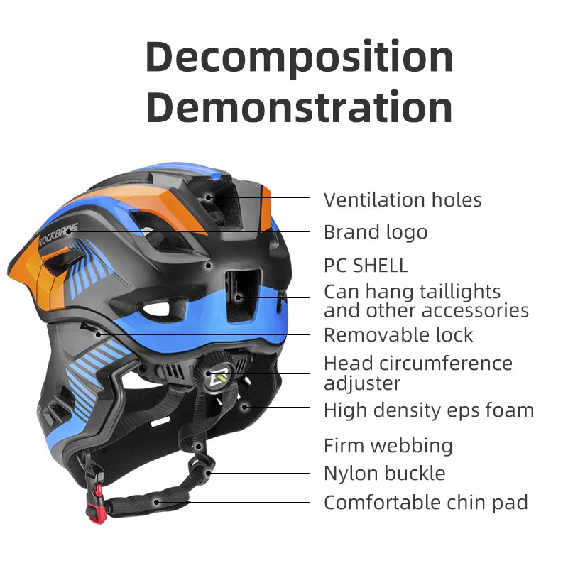 ROCKBROS child cycling helmet, blue/orange/black, detachable full-face cross helmet with adjustable fit.