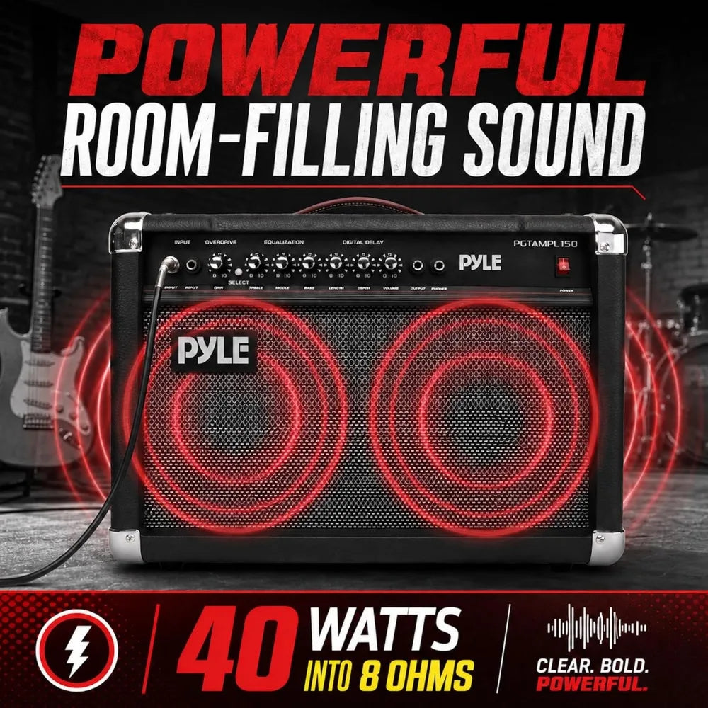 Portable 40W guitar amplifier with two speakers, black cabinet, red illuminated cones, Pyle brand