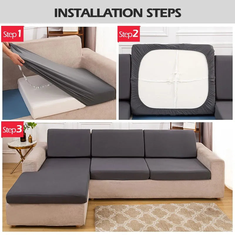 Waterproof sofa cushion covers in dark gray, non-slip silky stretch fabric protecting living room furniture