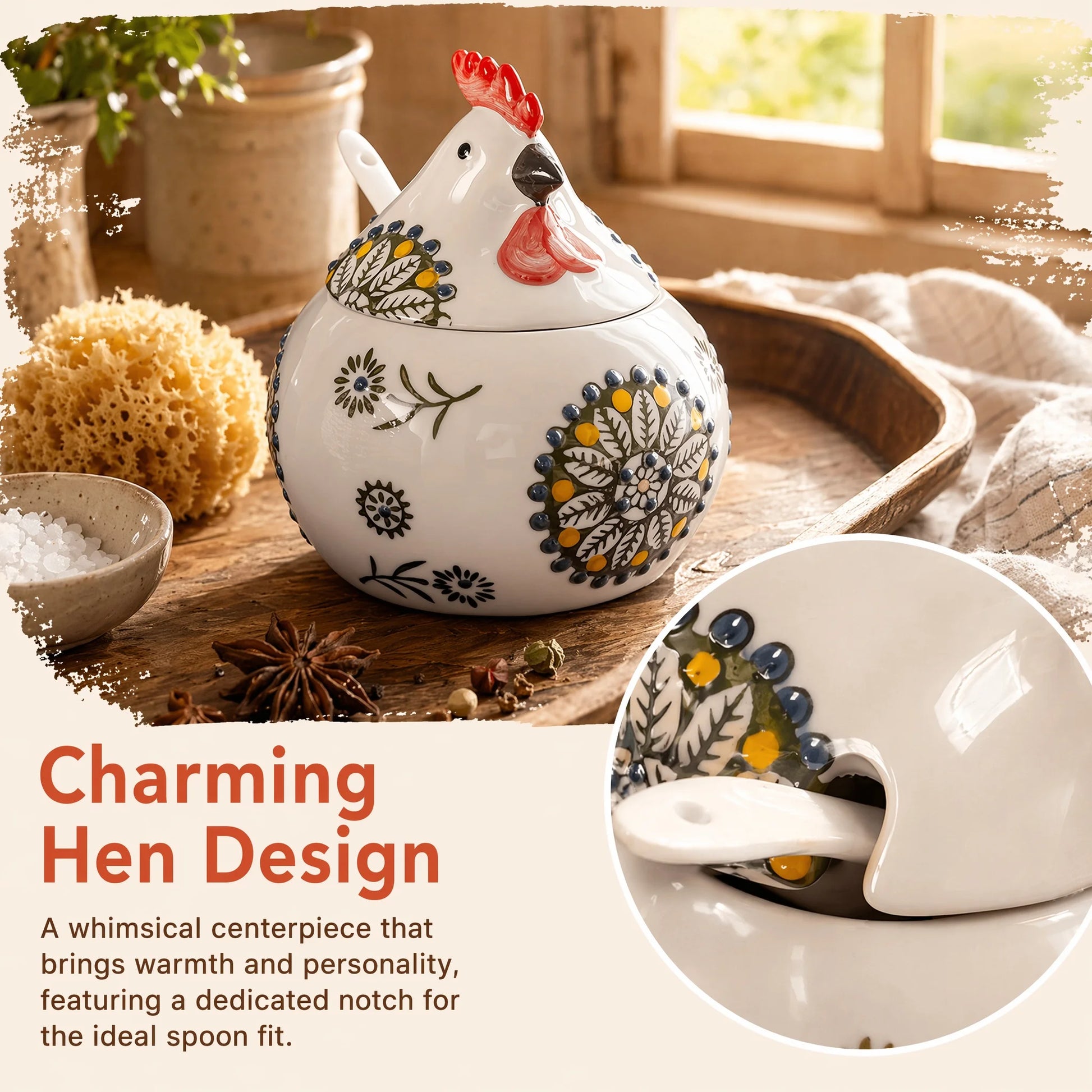 Porcelain Salt Cellar With Lid And Spoon Floral Chicken Design by S And B Enterprise