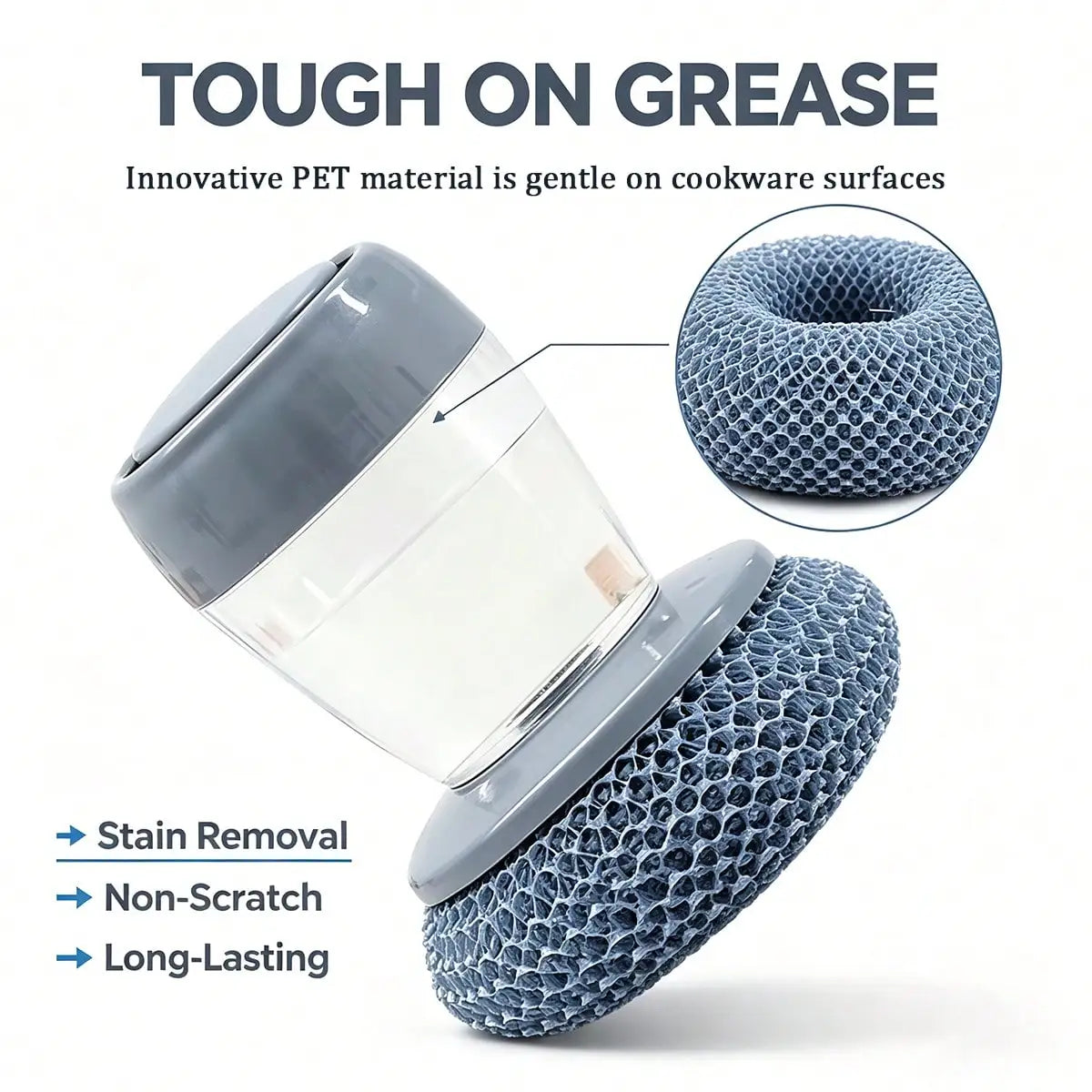 Self-filling soap dispenser brush with replaceable blue mesh scrubber; gray lid and transparent body