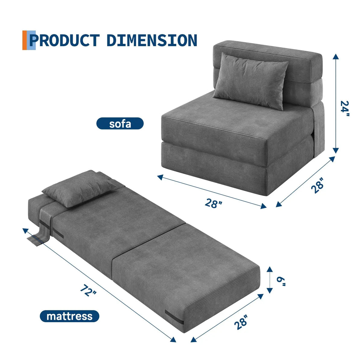 4-in-1 folding sofa bed by S And B Enterprise in gray corduroy with pillow, space-saving sleeper couch