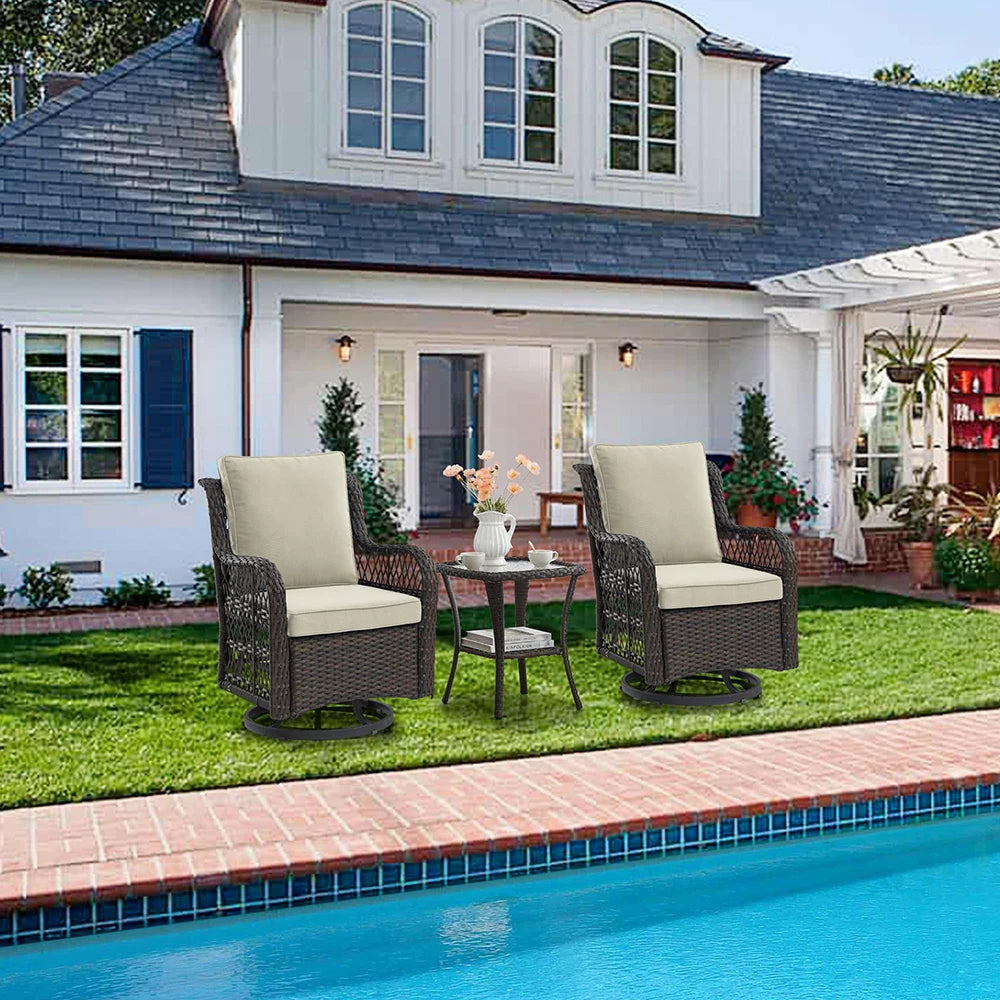 HiMISS 3-Piece Wicker Swivel Rocking Patio Set With Glass Table