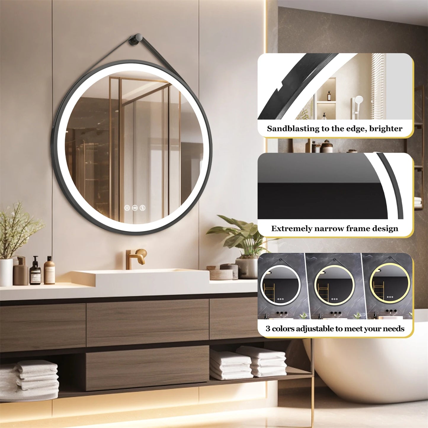 Round LED Bathroom Mirror With Leather Strap Frontlit Touch Antifog by S And B Enterprise