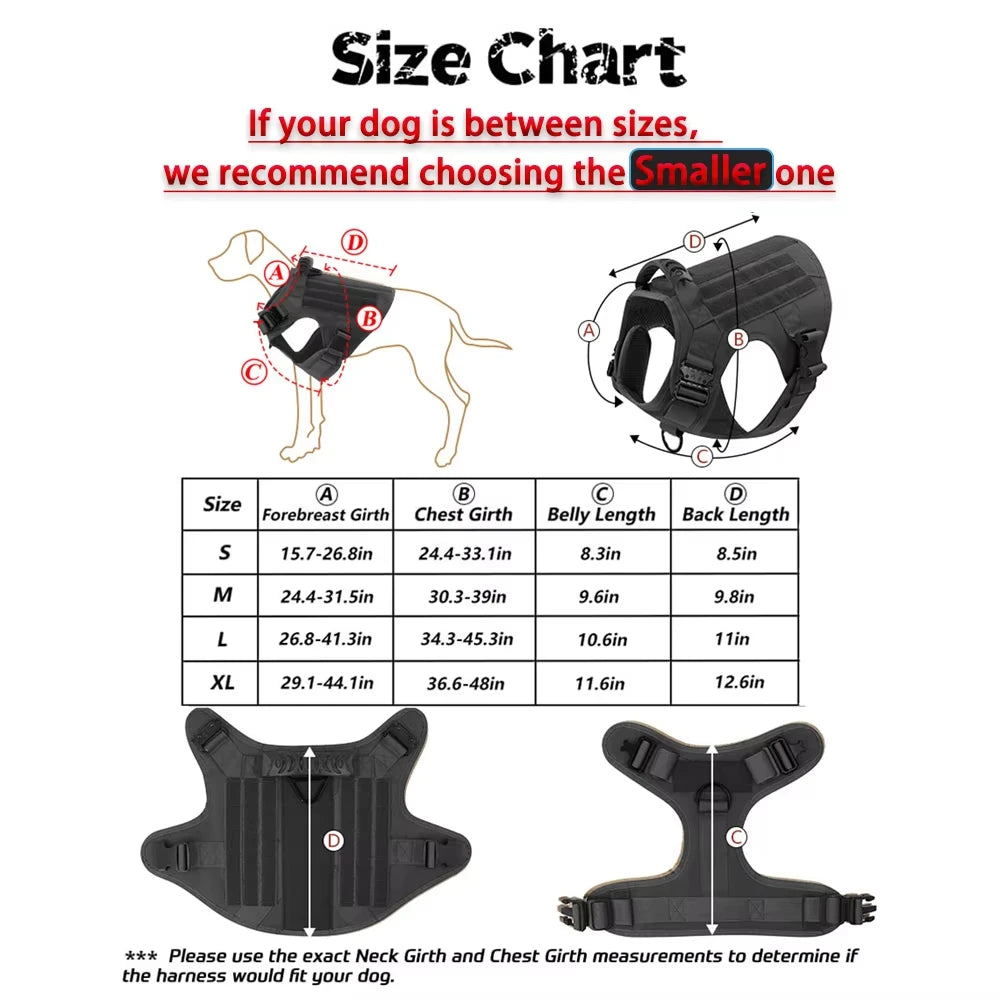 Military large black tactical dog harness set with front and back views and size chart