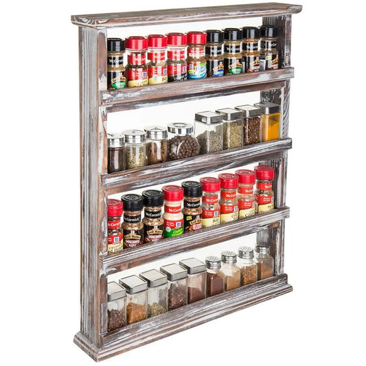 Wooden Spice Rack Wall Mount Four Tier Shelf Organizer