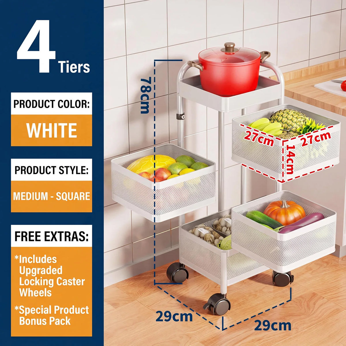 Rotating storage cart, white 4/5-tier with wheels, perforated square baskets for kitchen organization.