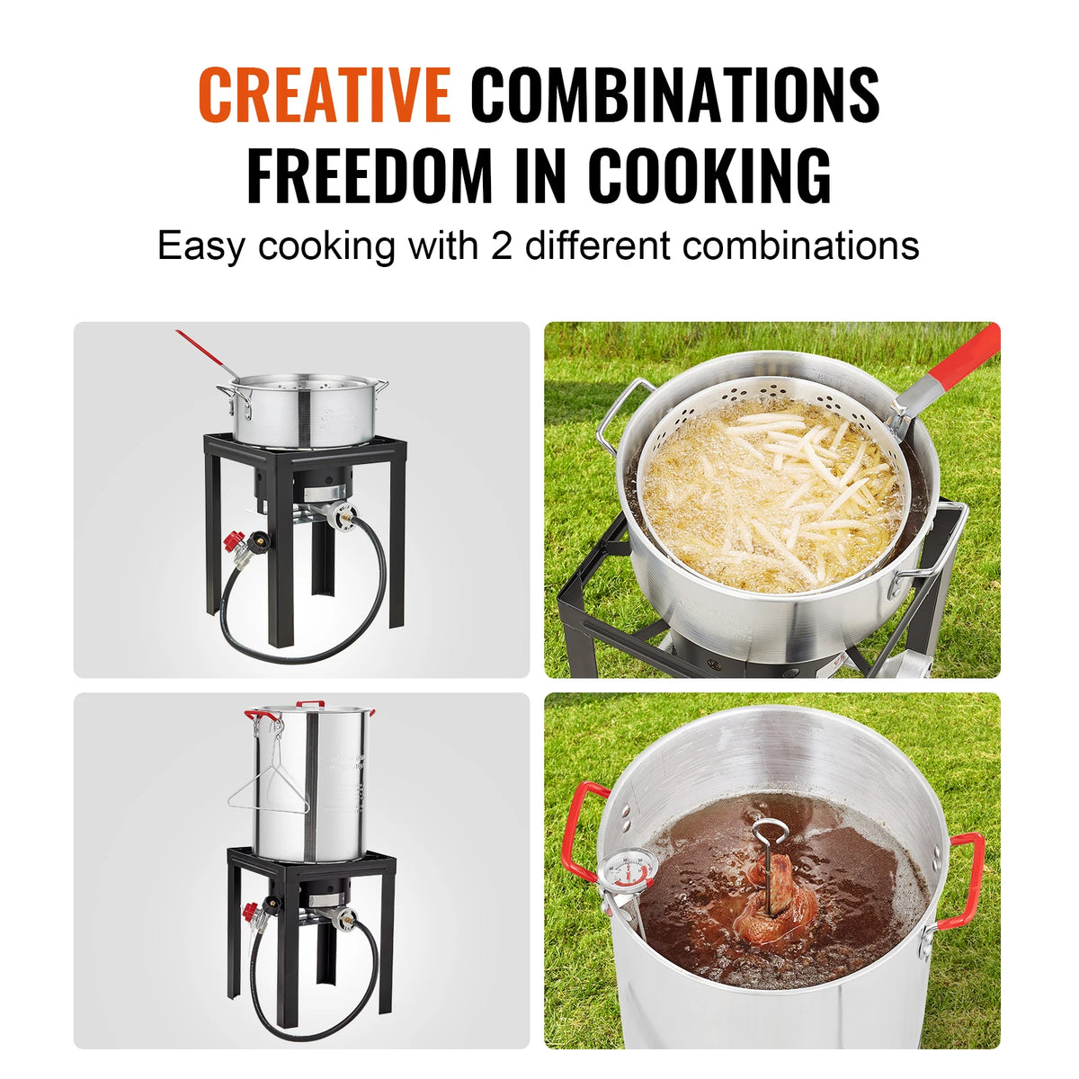 Two fryer kits on propane burner stands; 30 qt turkey fryer and 10 qt boiler/steamer fish fryer set