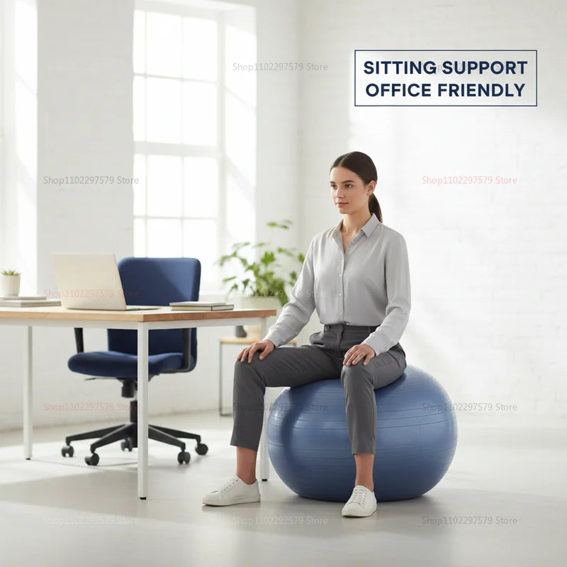 Explosion-proof inflatable yoga ball, blue, with a woman seated in an office