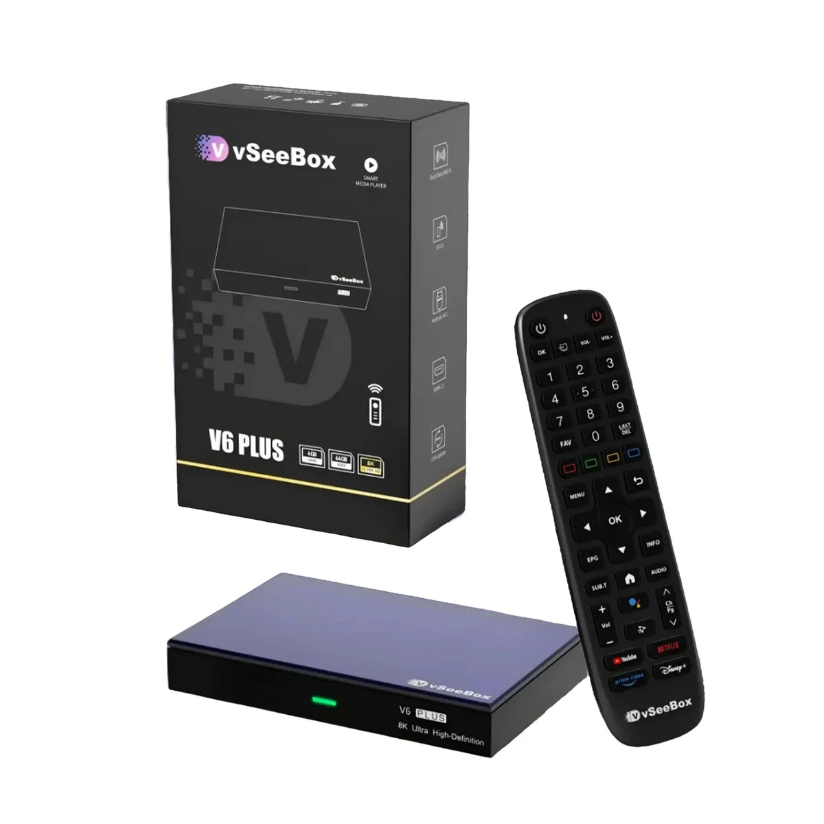 vSeeBox V6 Plus 64GB 8K HD set-top box with remote, black packaging by S And B Enterprise