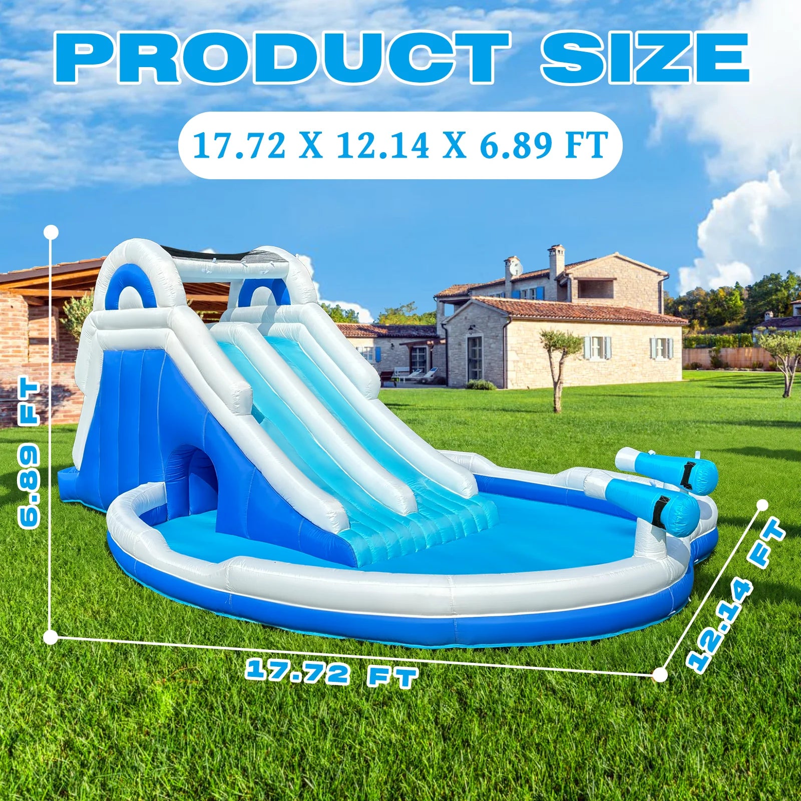Blue & White Outdoor Inflatable Oxford Fabric Water Slide Pool for Kids, Dual Slides with Sprayers, Backyard Summer Fun Toy for Children by S And B Enterprise