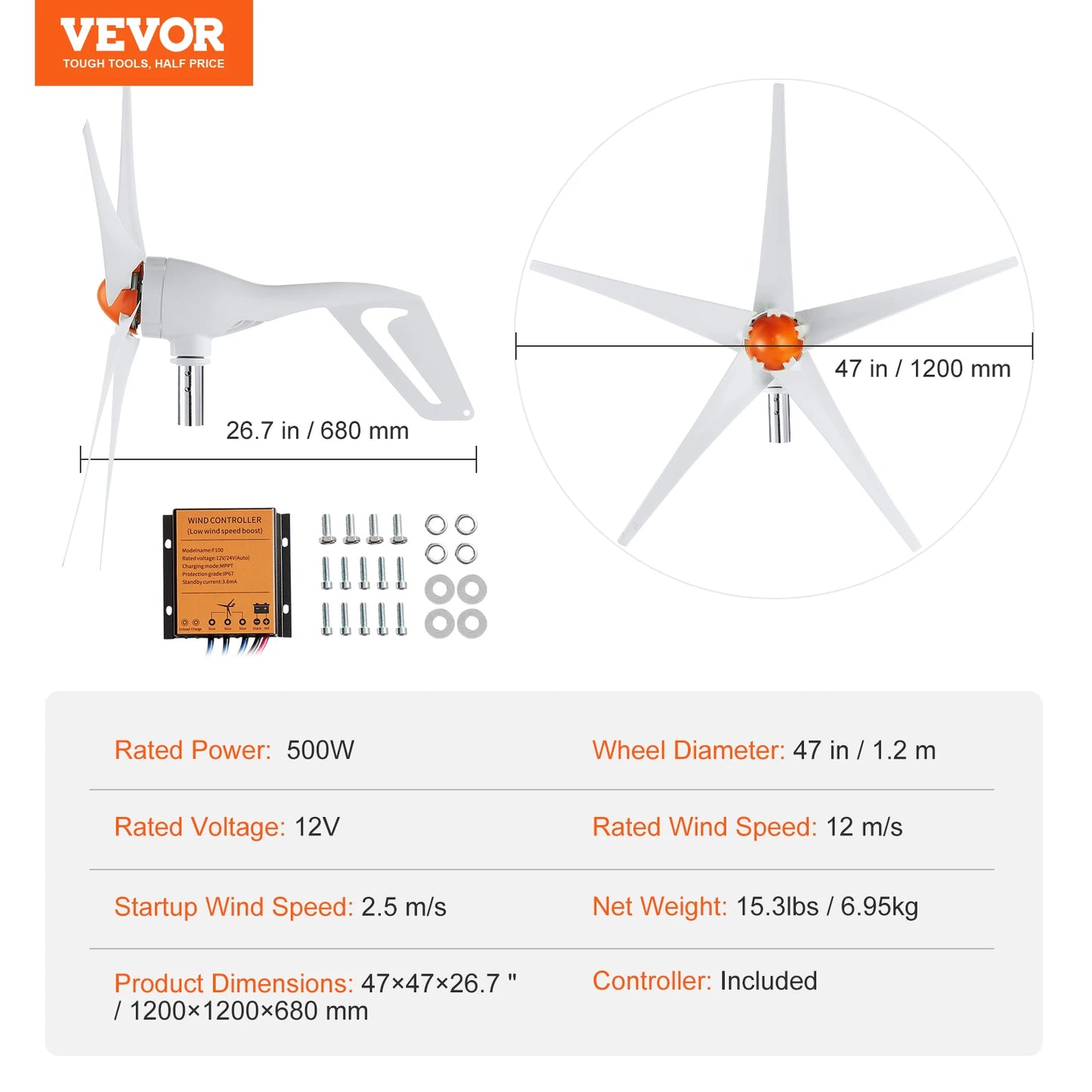 SucceBuy Wind Turbine Generator 12V 500W 800W With MPPT Controller
