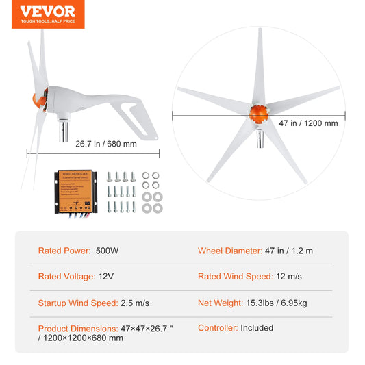 SucceBuy Wind Turbine Generator 12V 500W 800W With MPPT Controller