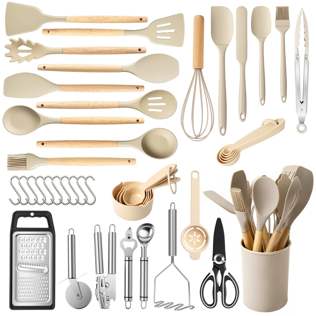 S And B Enterprise 44-piece silicone wooden-handle kitchen utensil set, beige, heat-resistant, nonstick