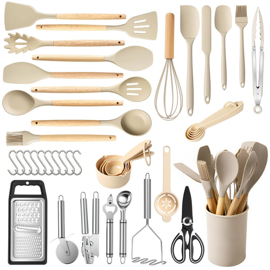 S And B Enterprise 44-piece silicone wooden-handle kitchen utensil set, beige, heat-resistant, nonstick