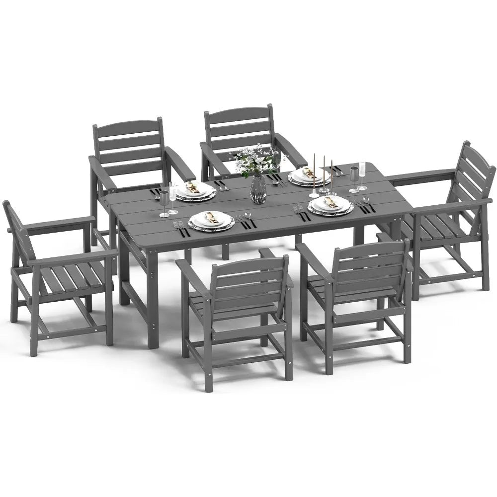 7-Piece HDPE All-Weather Outdoor Patio Dining Set with Umbrella Hole Table and 6 Chairs Grey for Garden Backyard