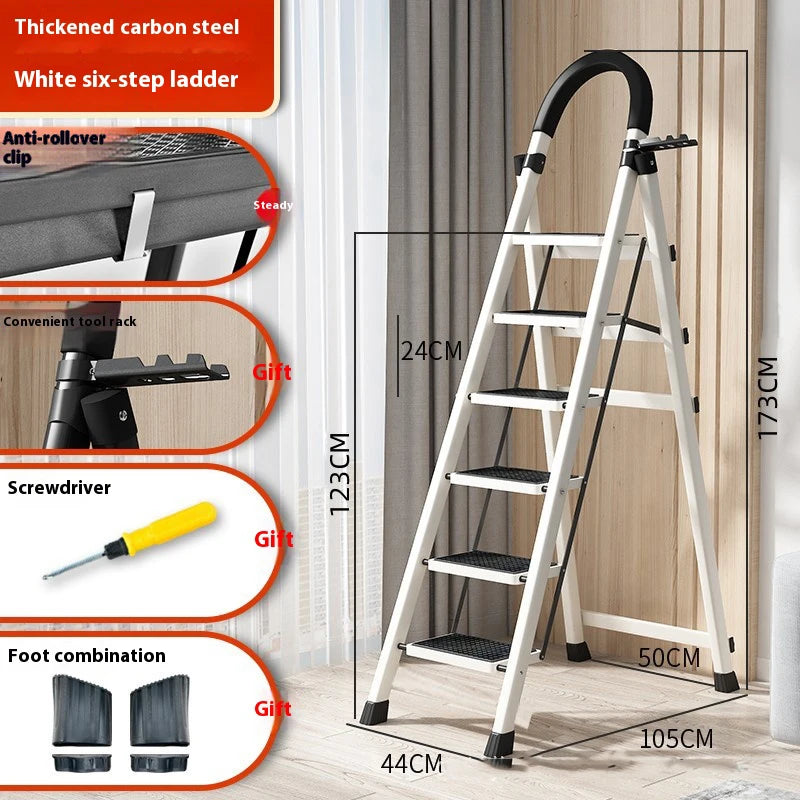 Adjustable zigzag folding ladder, white carbon-steel six-step by S And B Enterprise with anti-slip feet