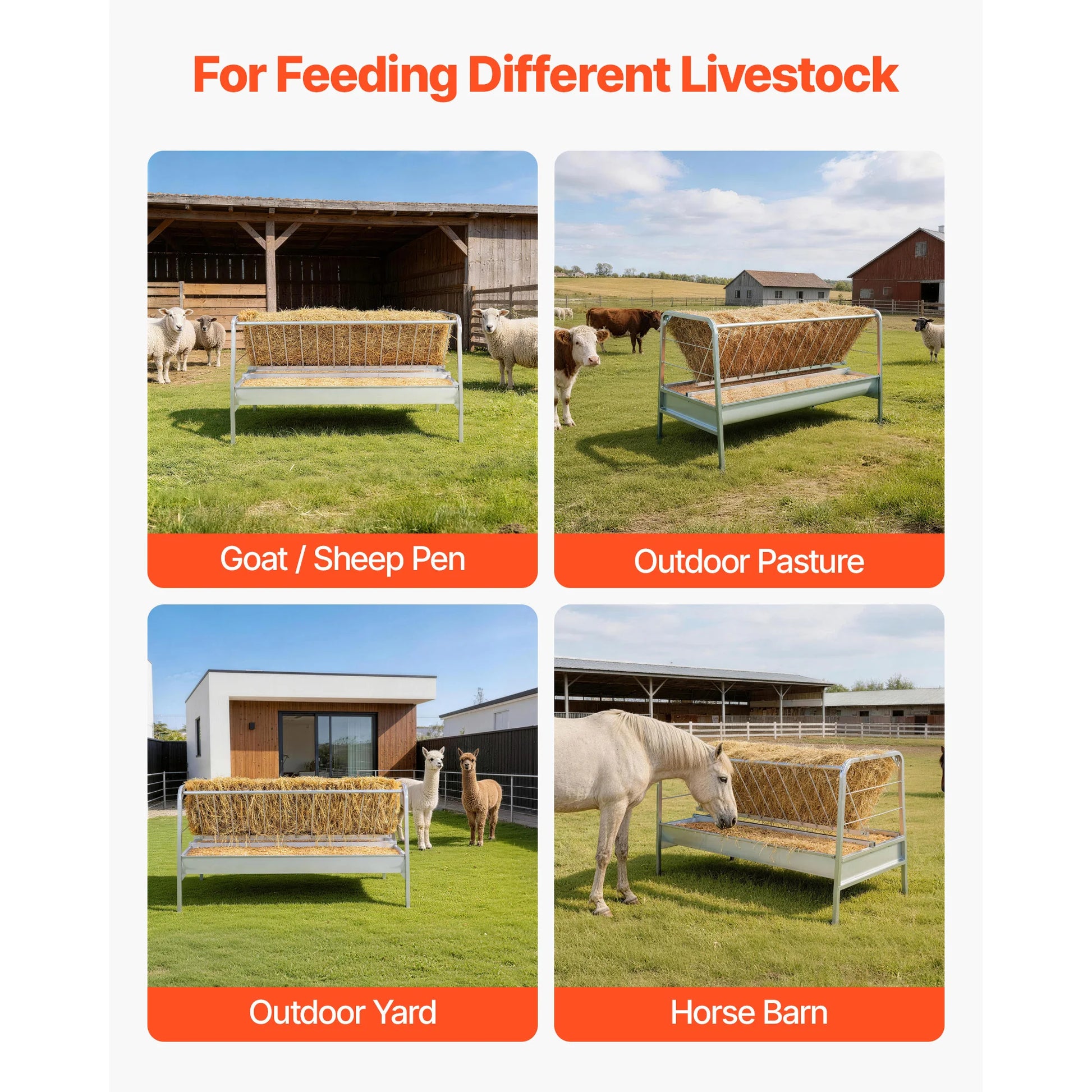 SucceBuy 2-in-1 livestock hay feeder, 80-gal capacity, 57.9in long; shown in goat/sheep pen and outdoor pasture.