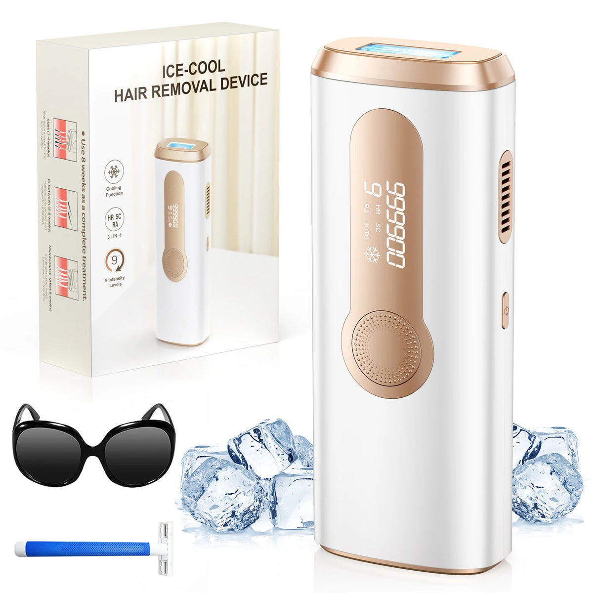 990000 Flash Laser IPL hair removal device by S And B Enterprise; white with rose-gold accents for men and women