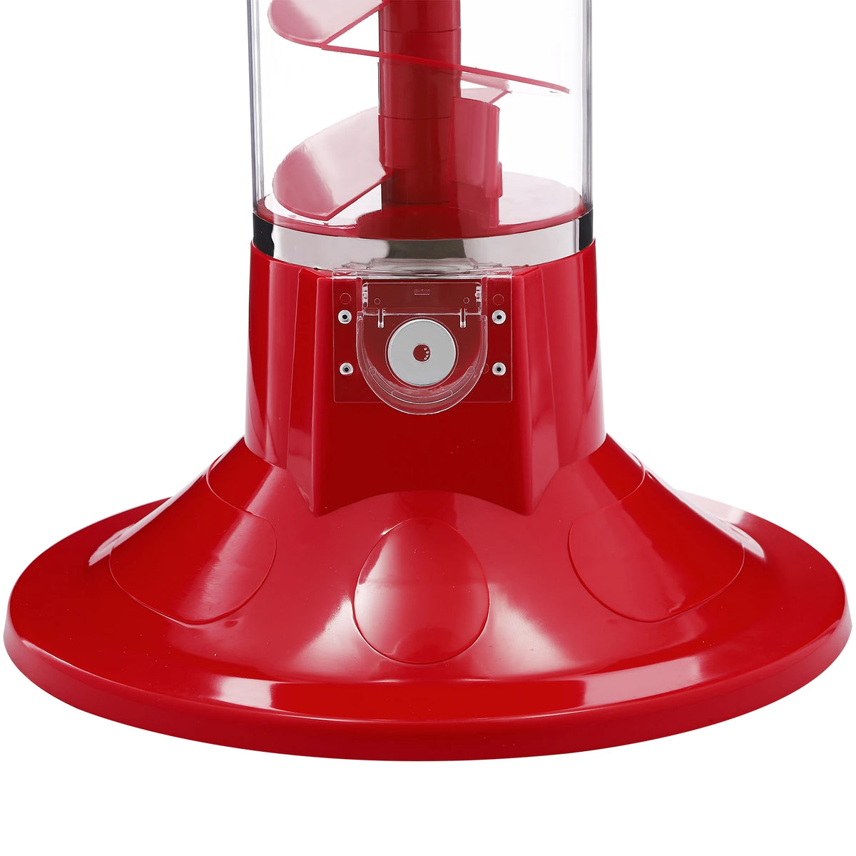 Red plastic freestanding cylindrical Twister ball vending machine with clear chamber