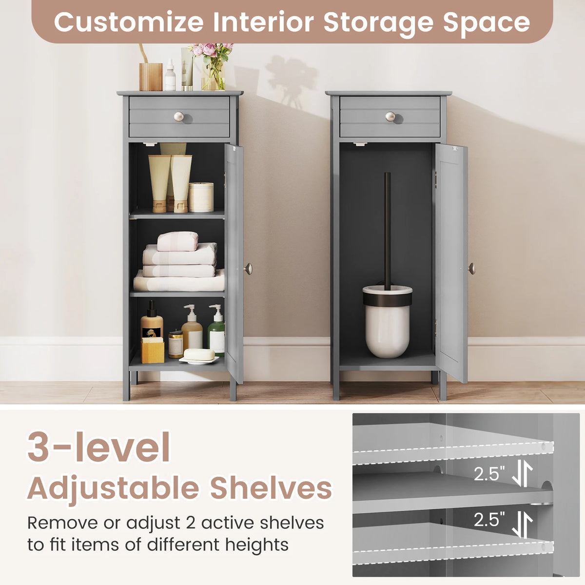 Costway bathroom floor cabinet storage organizer with drawer, gray; two free-standing units.