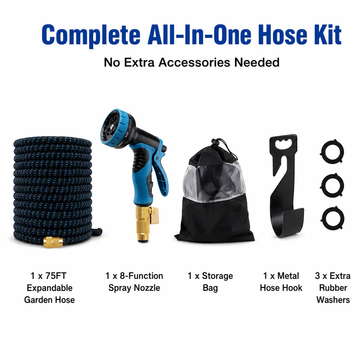 Expandable 75ft garden hose kit with blue 8-function spray nozzle, brass fittings, storage bag, metal hose hook, and 3 extra rubber washers