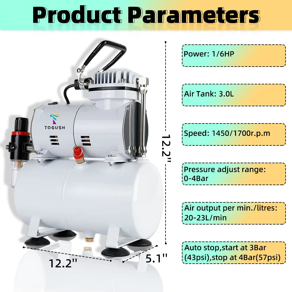 TOGUSH white airbrush compressor with 3L tank and two airbrushes