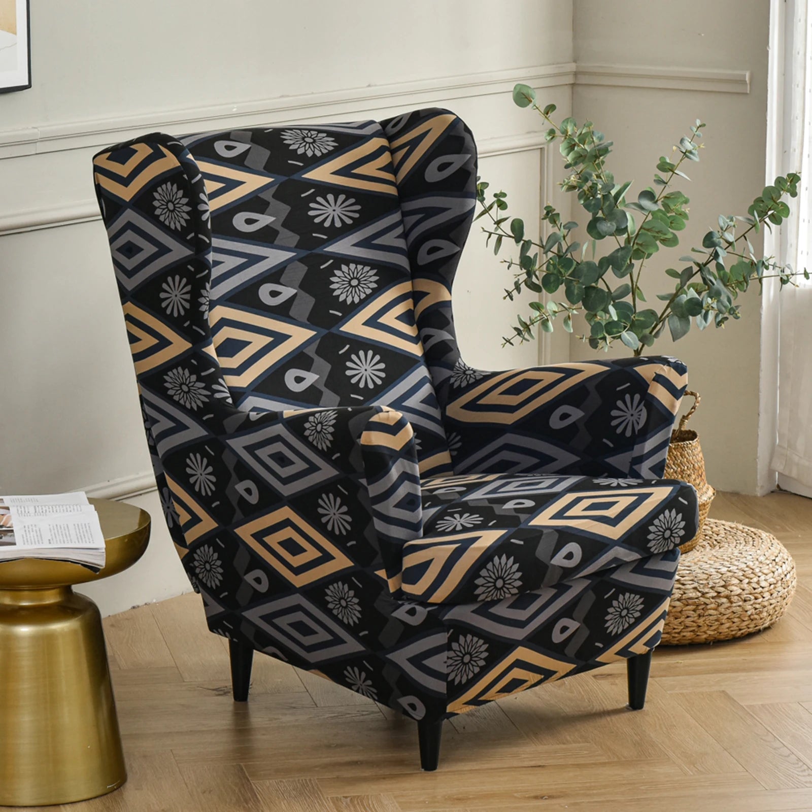Printed Wing Chair Cover Wingback Stretch Spandex Armchair Covers Nordic Removable Relax Sofa Slipcovers With Seat Cushion Cover by S And B Enterprise