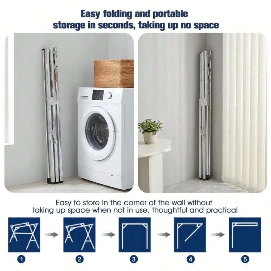 Foldable stainless steel clothes drying rack by S And B Enterprise for indoor and outdoor use; adjustable height.