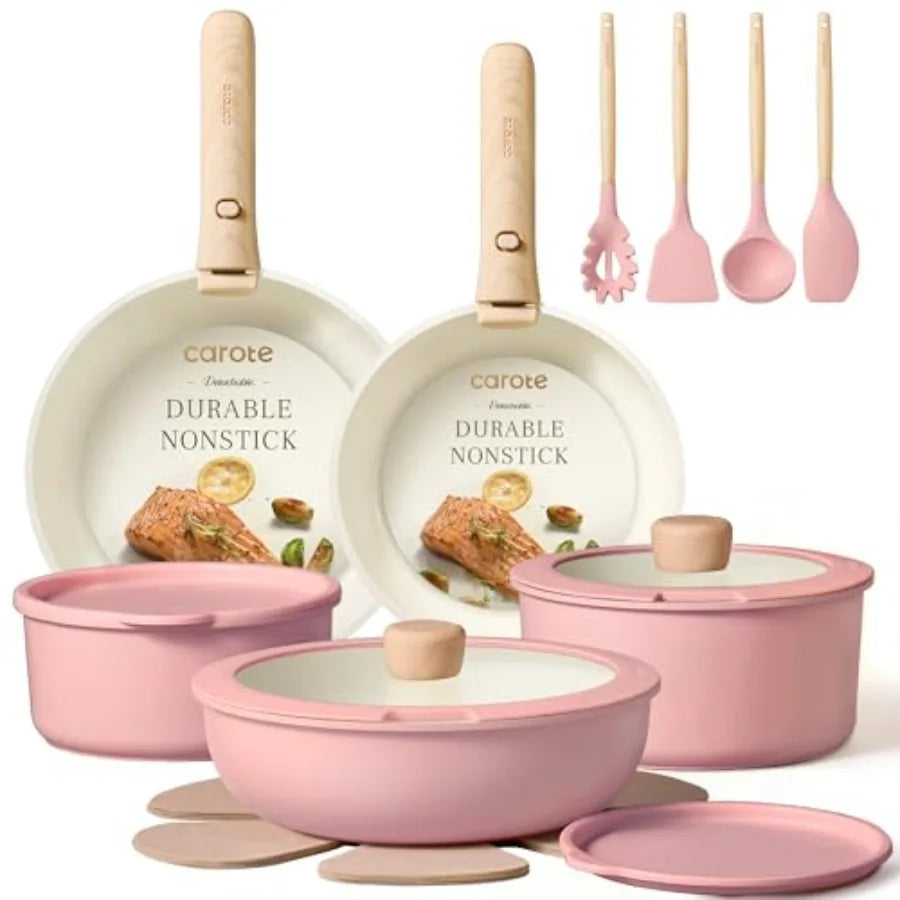 Ceramic nonstick cookware set in pink with glass lids and beige handles, Carote; includes pink utensils.