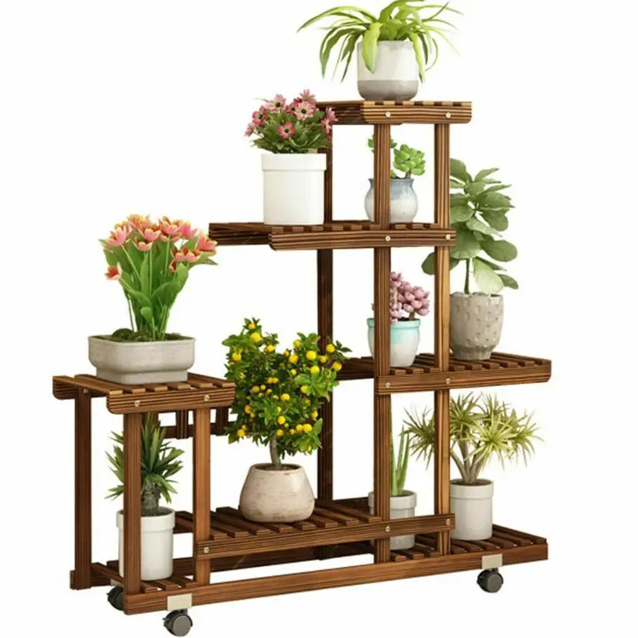 Multi-Layer Wood Plant Stand Rack Outdoor Indoor Rolling Flower Pot Holder with Wheels by S And B Enterprise