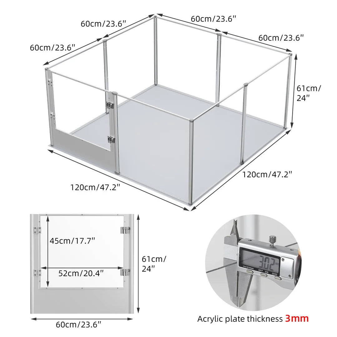 Unique clear acrylic pet playpen with waterproof floor pad; 120x60x61 cm, 3 mm acrylic panels.