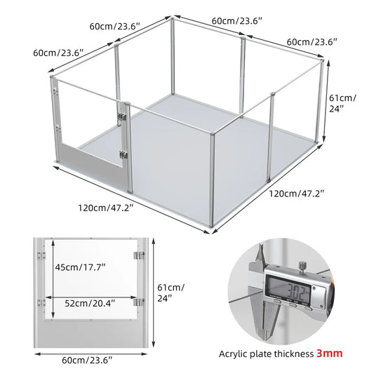 Unique clear acrylic pet playpen with waterproof floor pad; 120x60x61 cm, 3 mm acrylic panels.